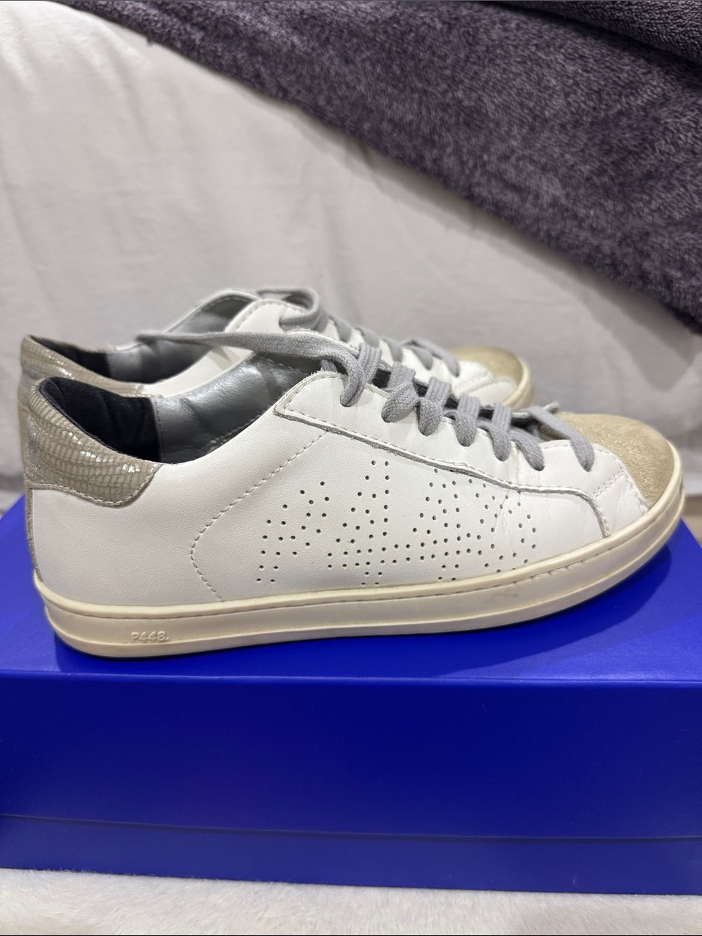 P448 White Leather Sneakers with Metallic Taupe Accents